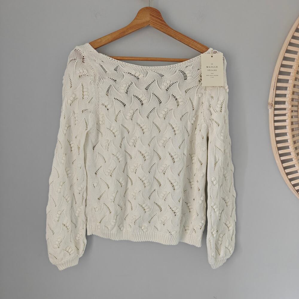 NWT Sezane Yvette Jumper Ecru Openwork Cotton Sweater XS Rare